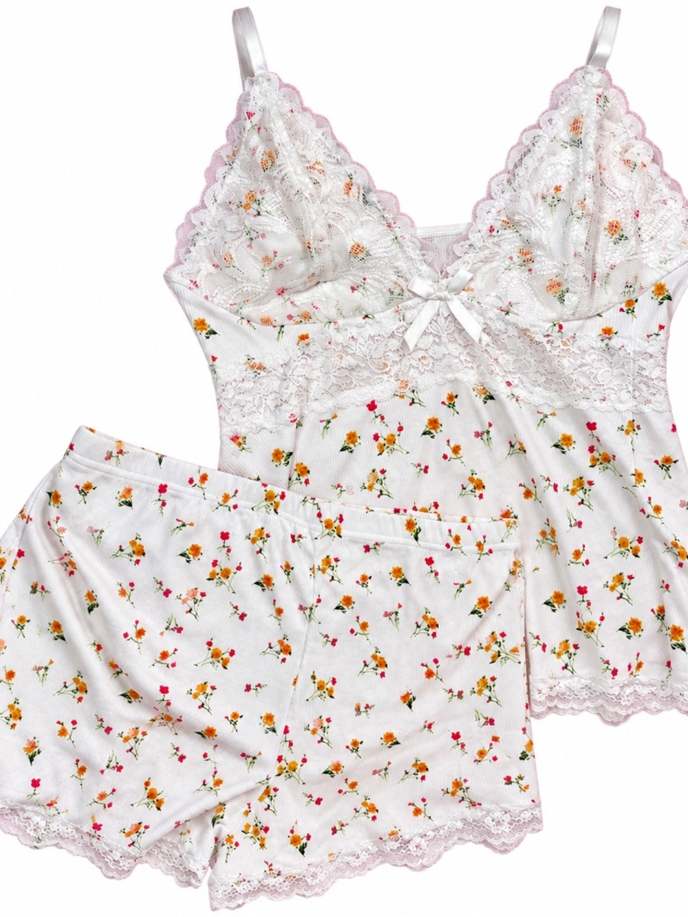 Floral Lace Cami & Shorts Sleep Set - White with Pink & Yellow Flowers